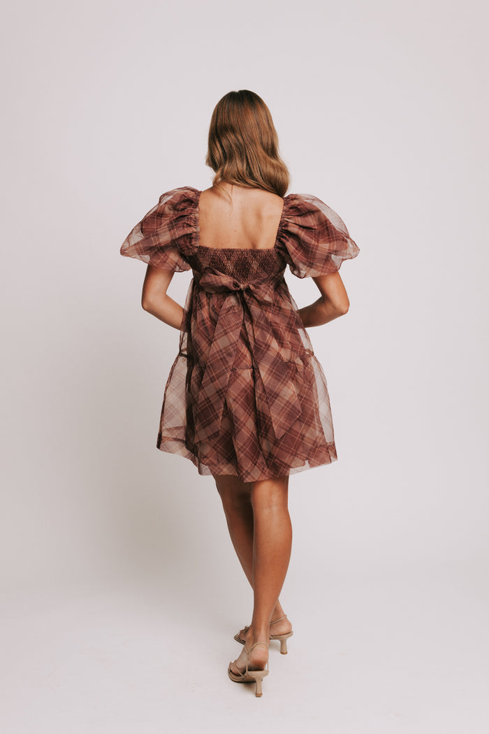 plaid burgundy babydoll dress with puff sleeves back
