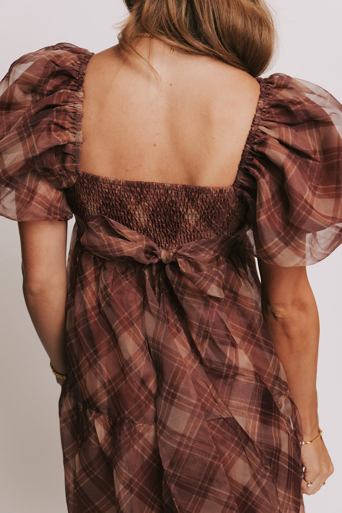 plaid burgundy babydoll dress with puff sleeves back close