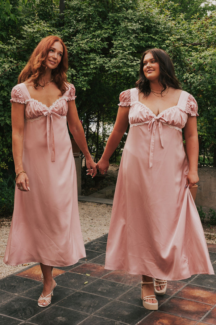 blush satin white trim puff sleeve ruched dress lifestyle