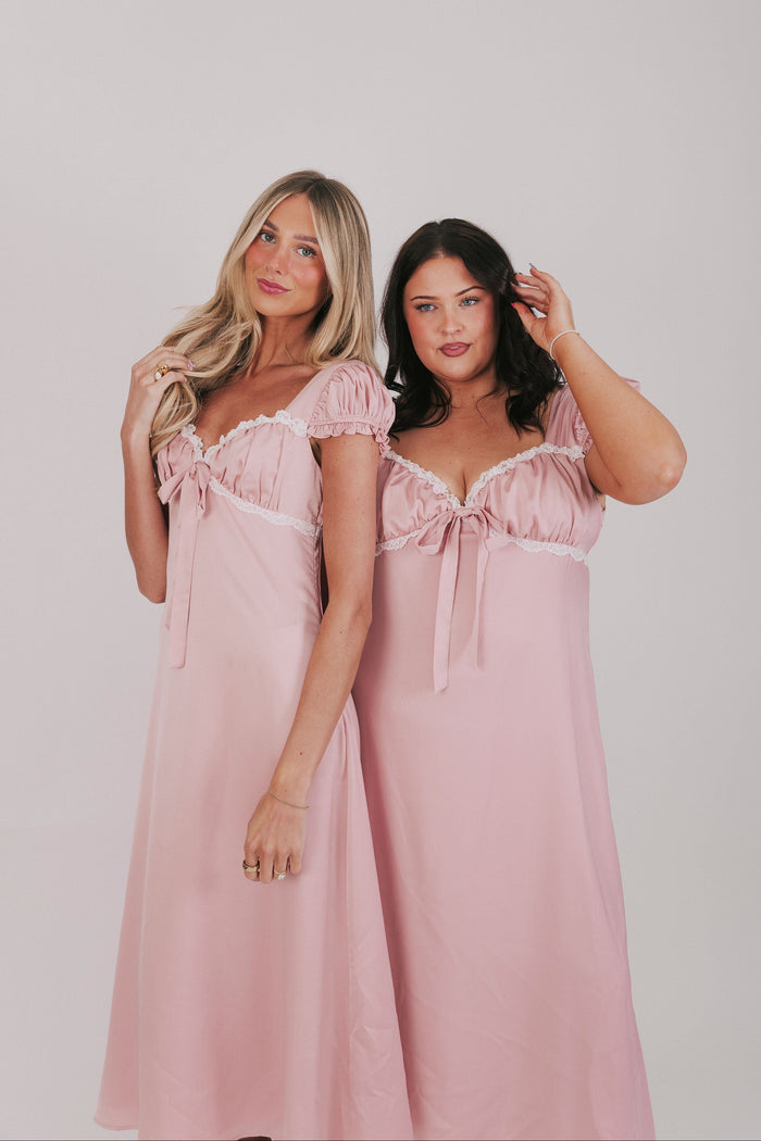 exclusive blush satin white trim puff sleeve ruched dress models