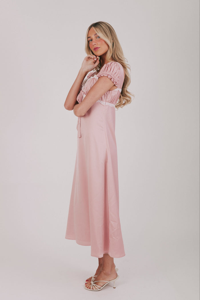 exclusive blush satin white trim puff sleeve ruched dress side