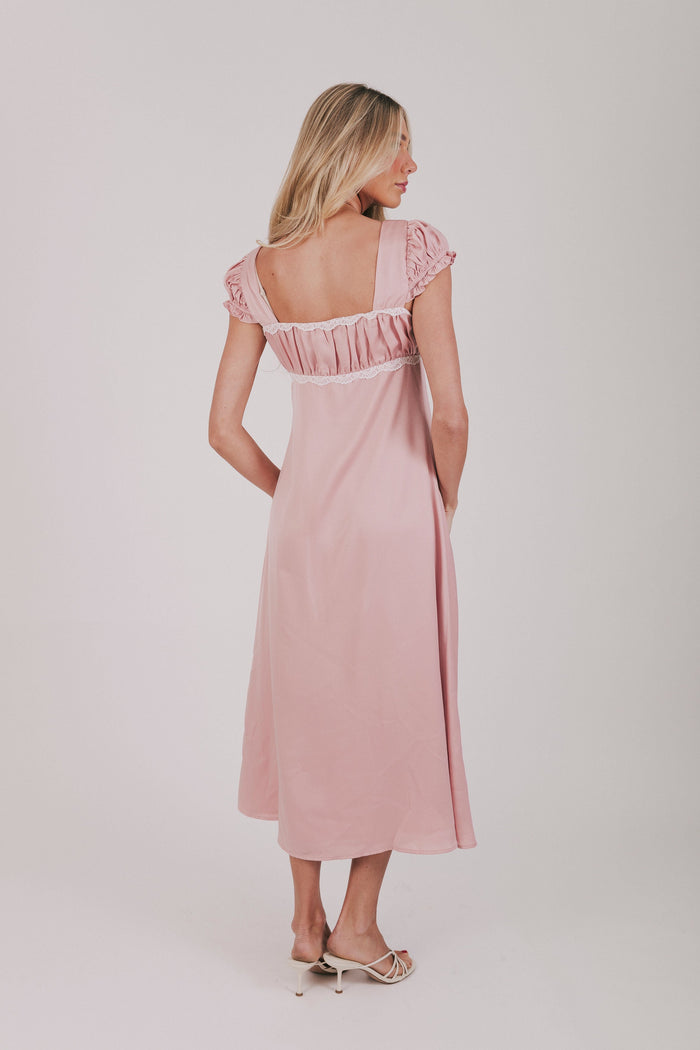 exclusive blush satin white trim puff sleeve ruched dress back