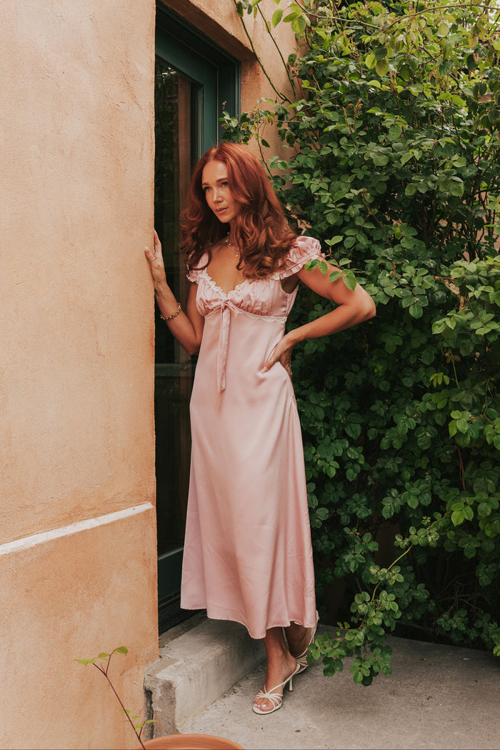 blush satin white trim puff sleeve ruched dress lifestyle 1