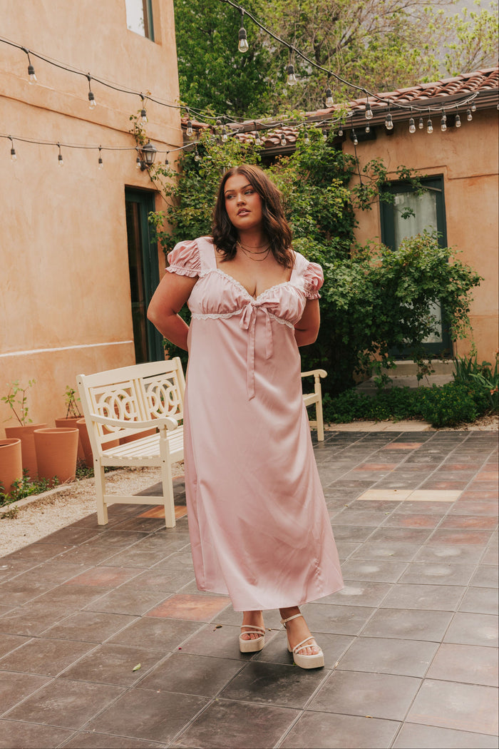 blush satin white trim puff sleeve ruched dress lifestyle plus