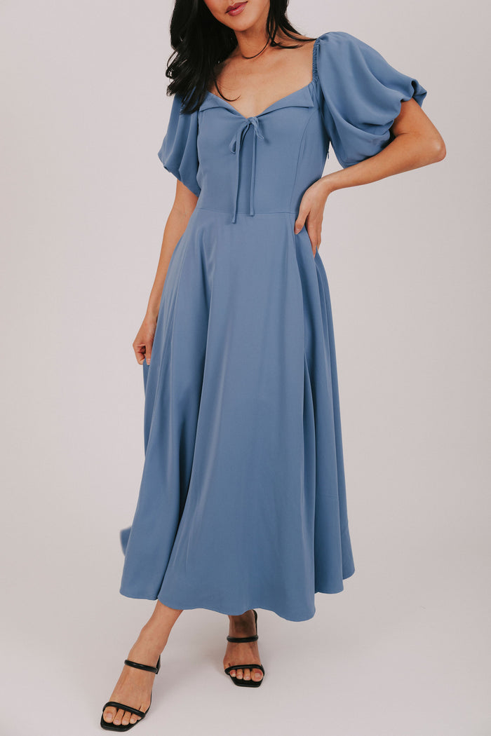 Blue exclusive olb dress maxi length with short bubble sleeves cottagecore