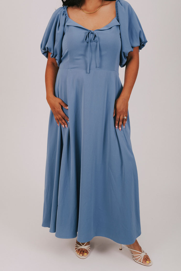 Blue exclusive olb dress maxi length with short bubble sleeves cottagecore