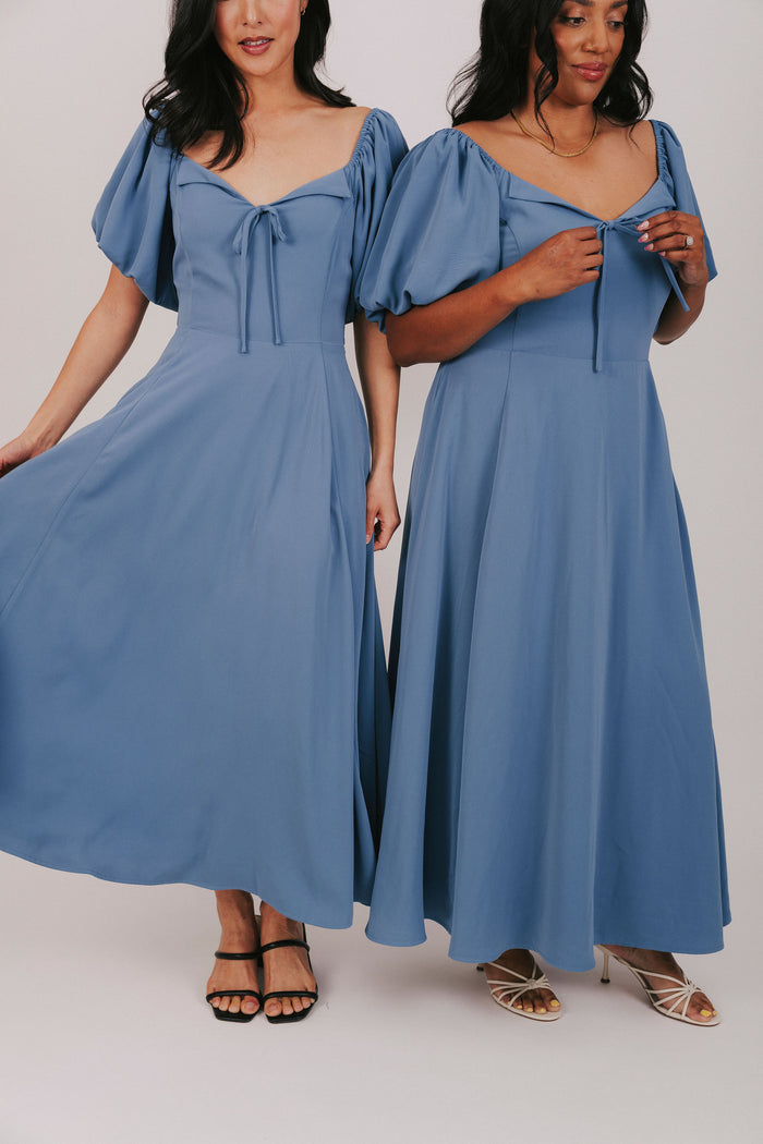 Blue exclusive olb dress maxi length with short bubble sleeves cottagecore