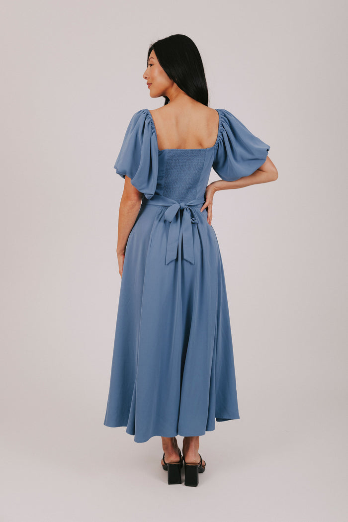 Blue exclusive olb dress maxi length with short bubble sleeves cottagecore