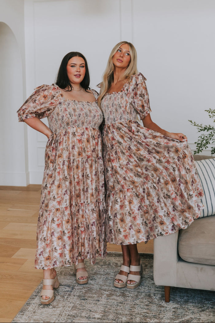 multi floral tiered maxi dress with puff sleeves and smocked bodice lifestyle