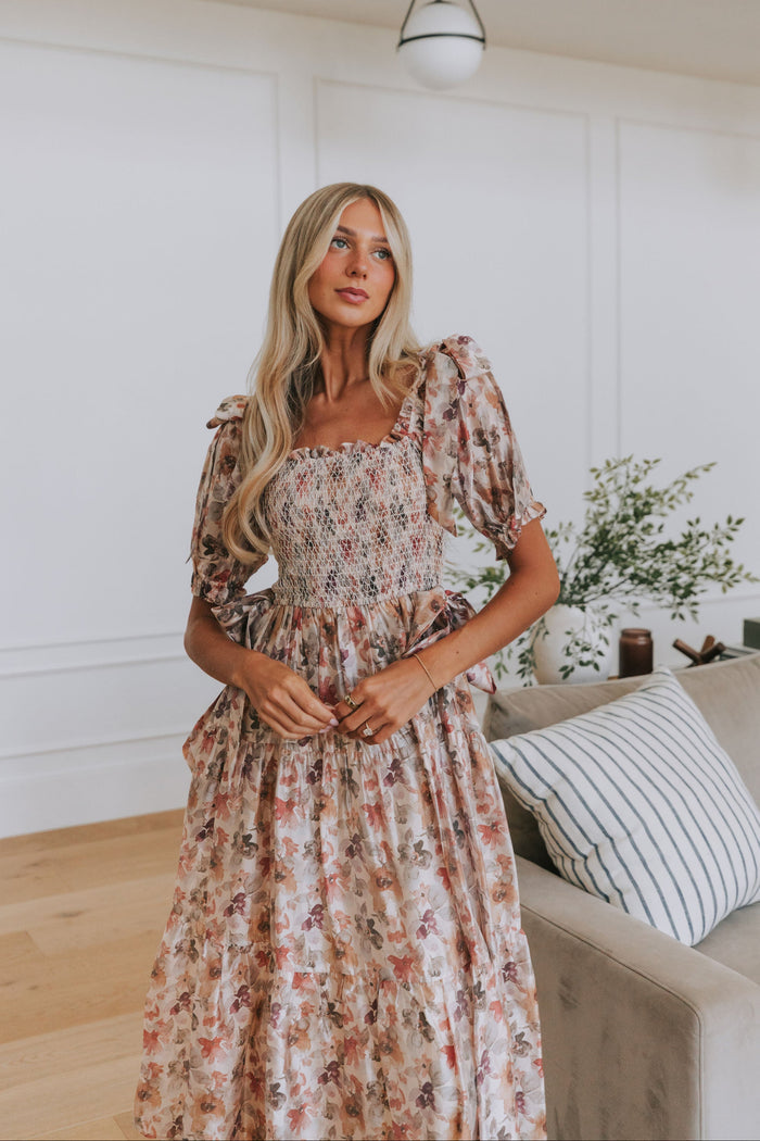 multi floral tiered maxi dress with puff sleeves and smocked bodice