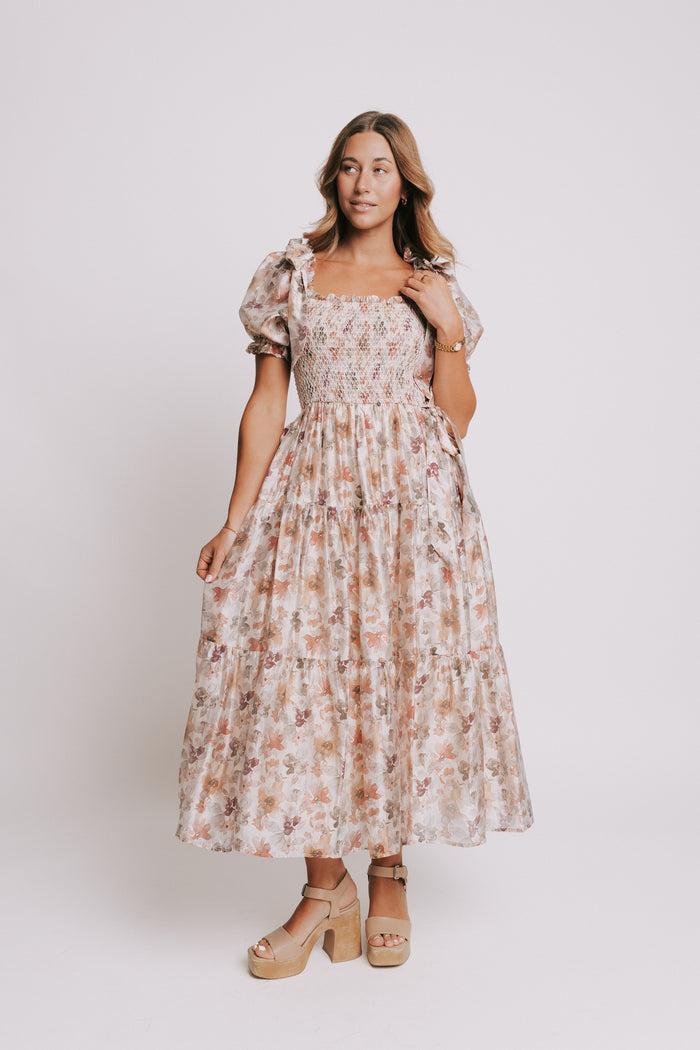 multi floral tiered maxi dress with puff sleeves and smocked bodice