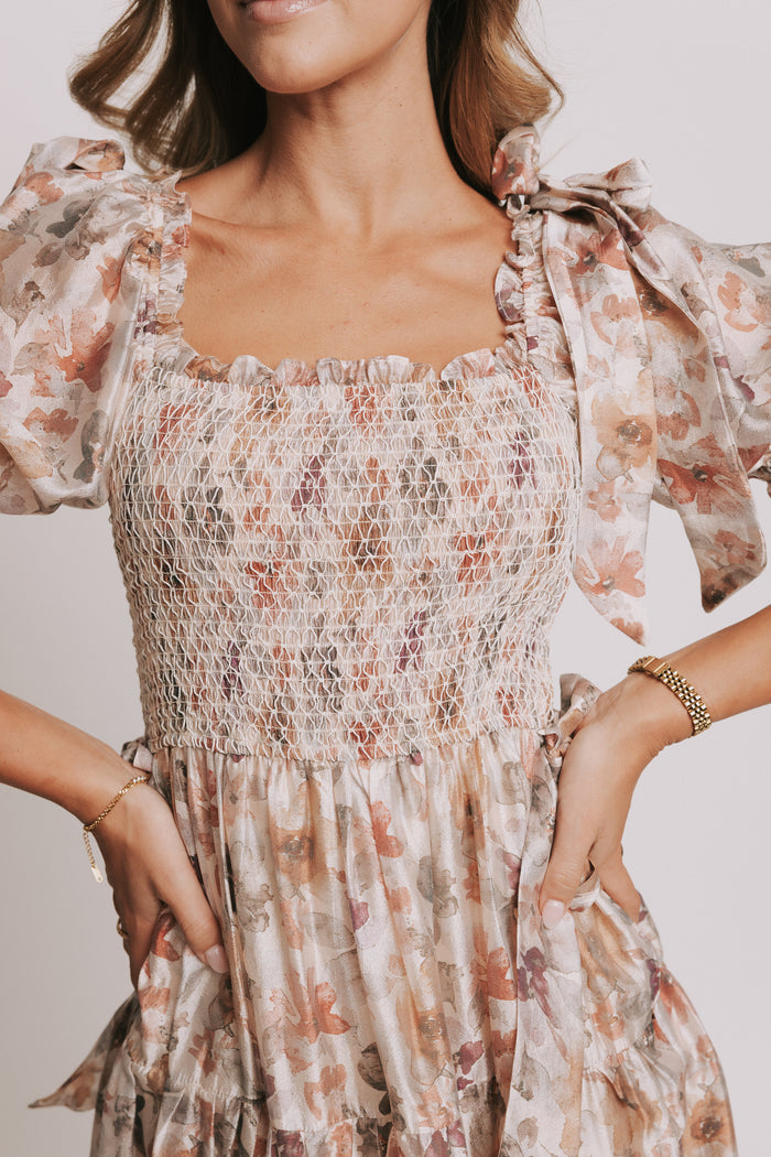 multi floral tiered maxi dress with puff sleeves and smocked bodice close
