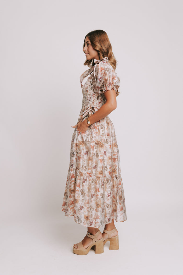 multi floral tiered maxi dress with puff sleeves and smocked bodice side