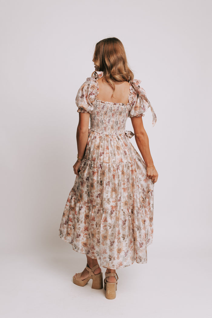 multi floral tiered maxi dress with puff sleeves and smocked bodice back