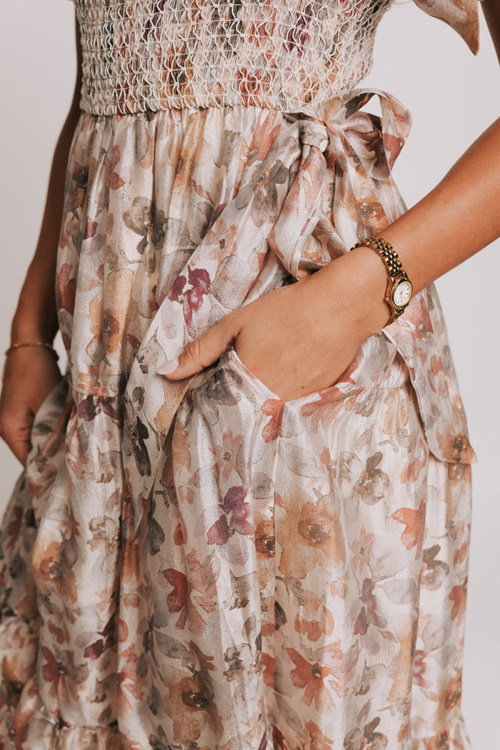 multi floral tiered maxi dress with puff sleeves and smocked bodice pockets