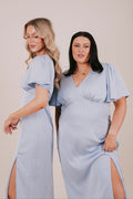 blue flutter sleeve satin slit midi dress models