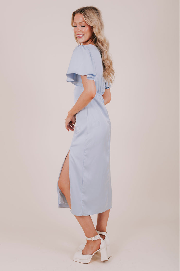 blue flutter sleeve satin slit midi dress side