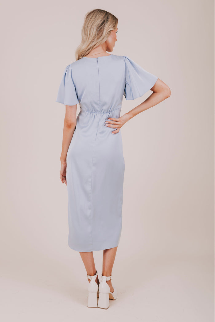 blue flutter sleeve satin slit midi dress back