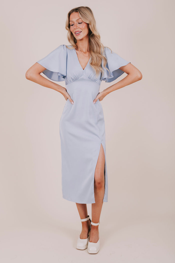 blue flutter sleeve satin slit midi dress full