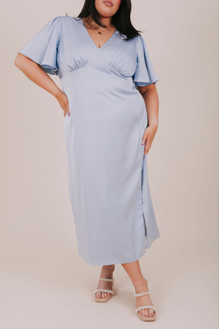 plus size blue flutter sleeve satin slit midi dress front