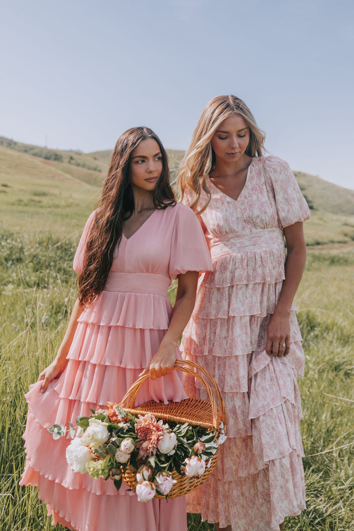 pleated tiered v neck maxi dress with puff sleeves pink patterns lifestyle