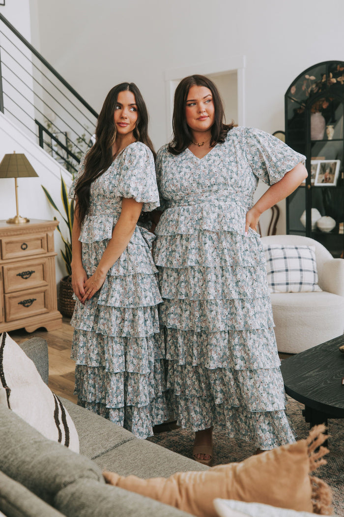 pleated tiered v neck maxi dress with puff sleeves floral lifestyle