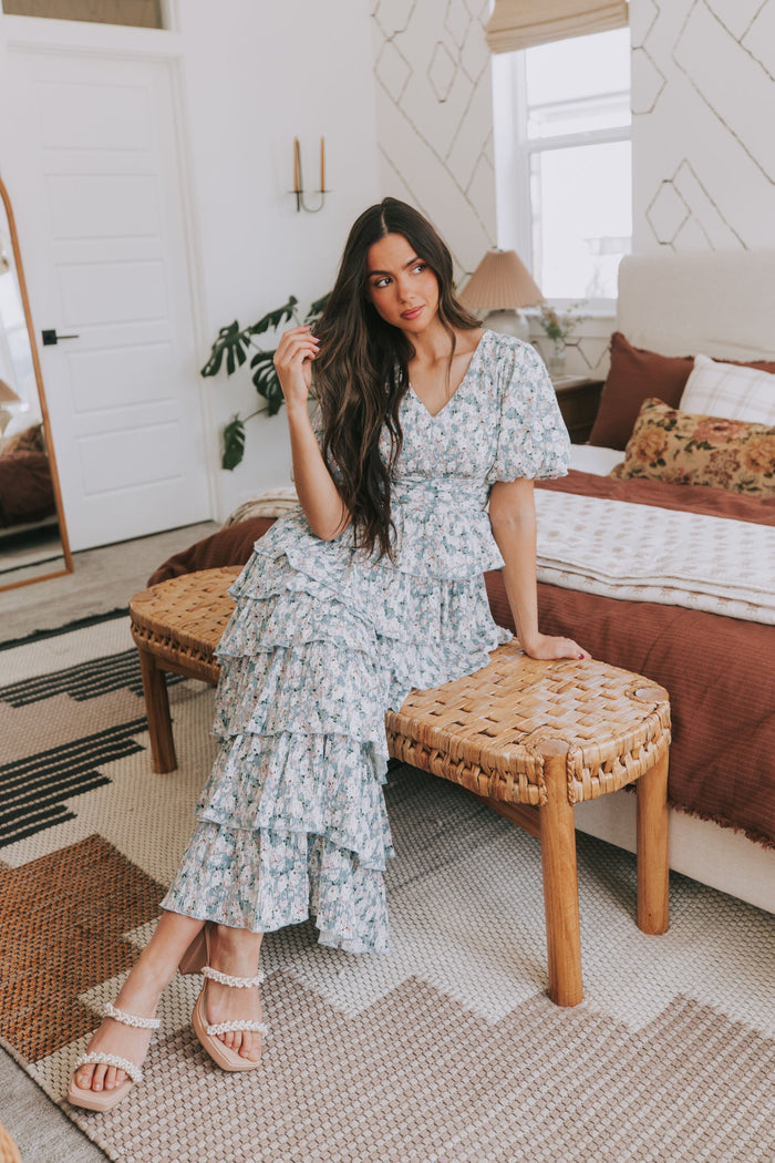 pleated tiered v neck maxi dress with puff sleeves floral lifestyle