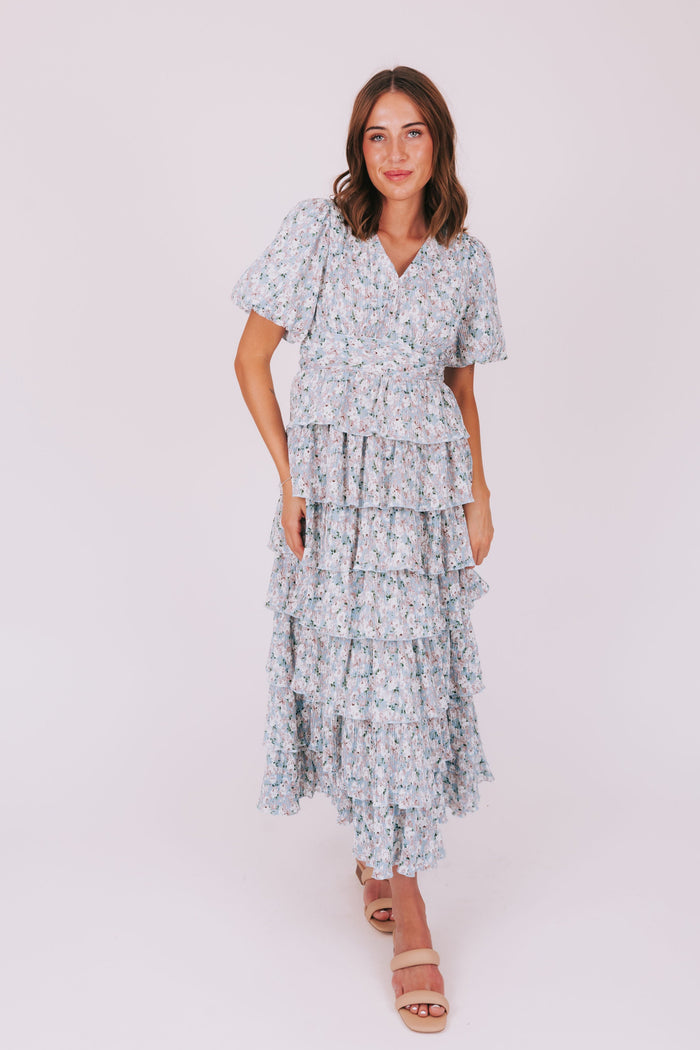 pleated tiered v neck maxi dress with puff sleeves floral