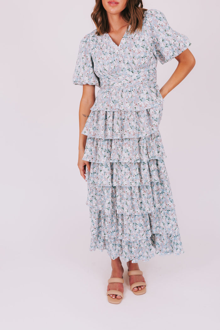pleated tiered v neck maxi dress with puff sleeves floral front