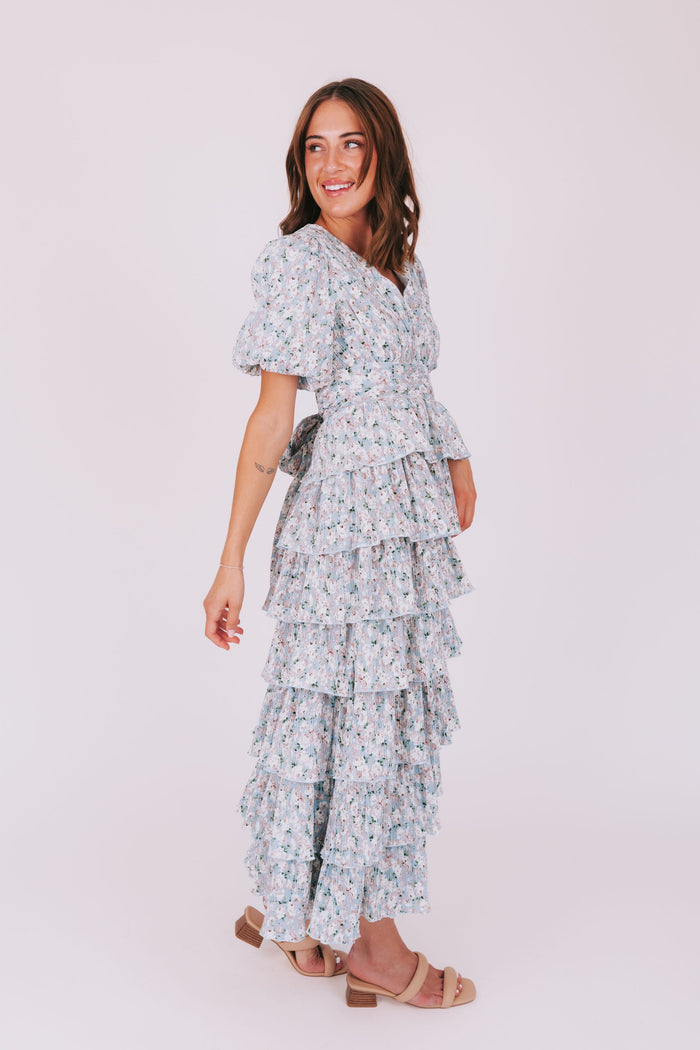 pleated tiered v neck maxi dress with puff sleeves floral side