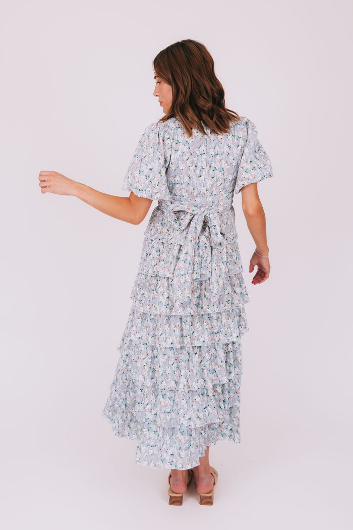 pleated tiered v neck maxi dress with puff sleeves floral back