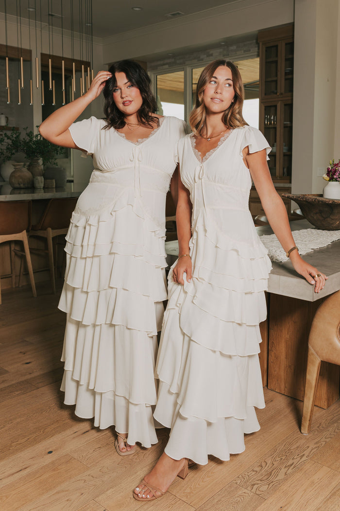 ivory v neck maxi dress with ruffled  tiers