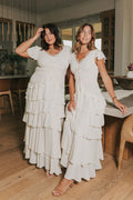 ivory v neck maxi dress with ruffled  tiers