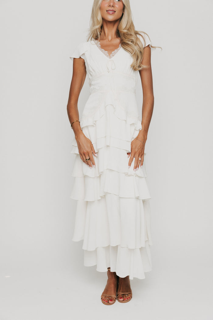 ivory v neck maxi dress with ruffled tiers