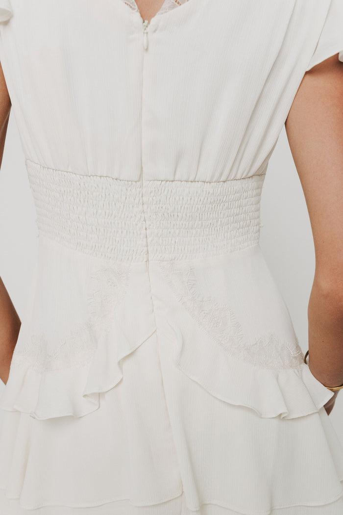 ivory v neck maxi dress with ruffled tiers