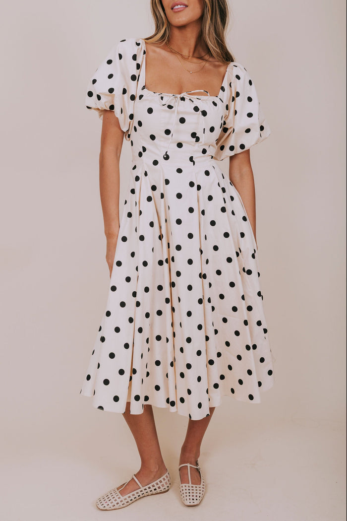 Ecru polka dot bubble sleeve pockets bowe exclusive midi dress front