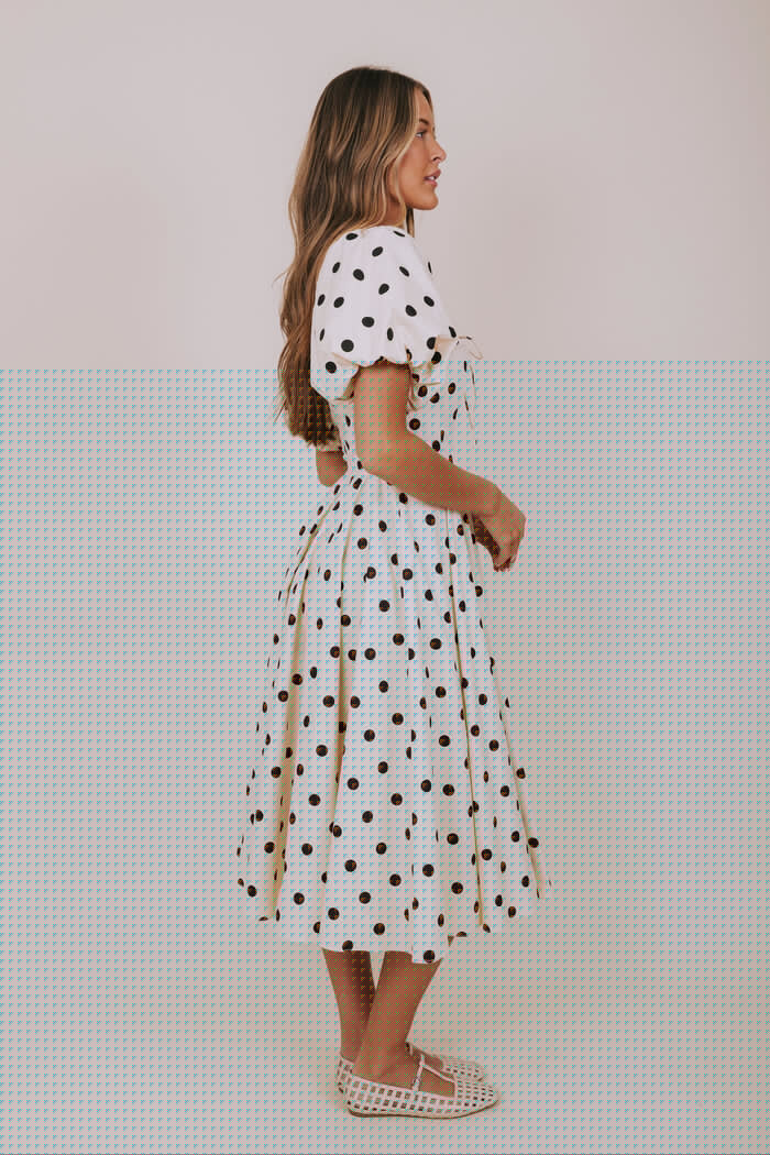 Ecru polka dot bubble sleeve pockets bow exclusive midi dress side
