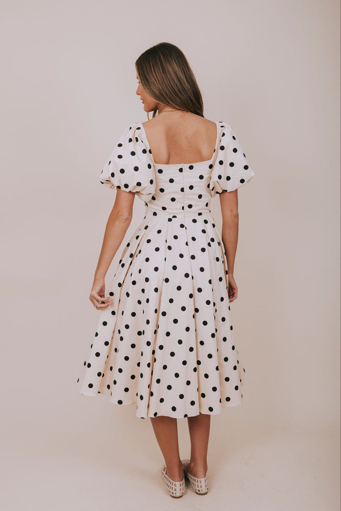 Ecru polka dot bubble sleeve pockets bow exclusive midi dress back