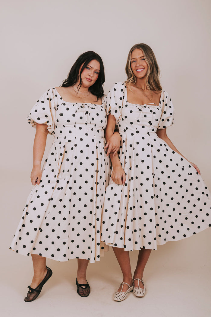 Ecru polka dot bubble sleeve pockets bow exclusive midi dress models