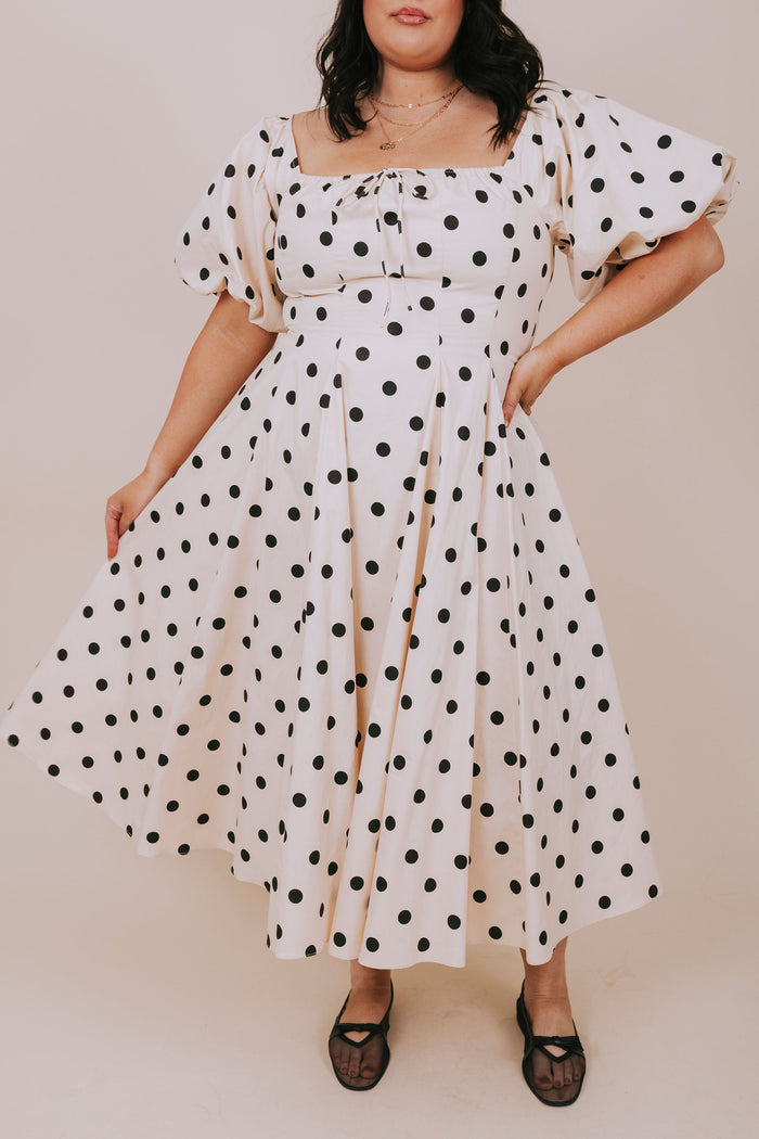 Ecru polka dot bubble sleeve pockets bow exclusive midi dress plus front