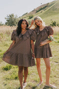 brown polka dot mini dress with puff sleeves and collar