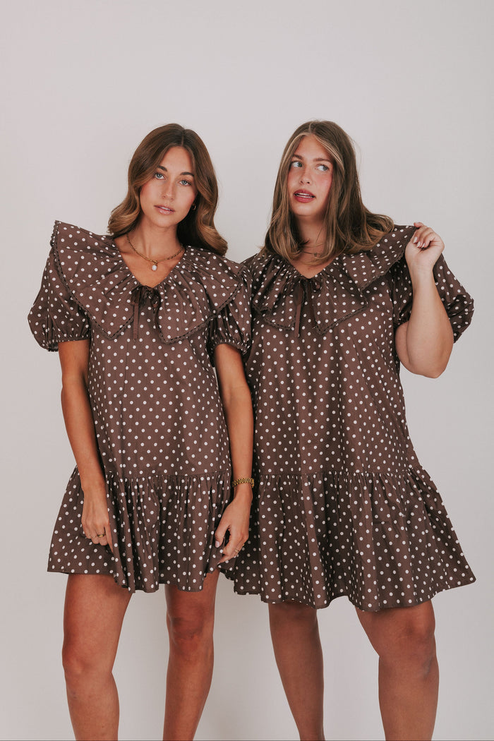 brown polka dot mini dress with puff sleeves and collar