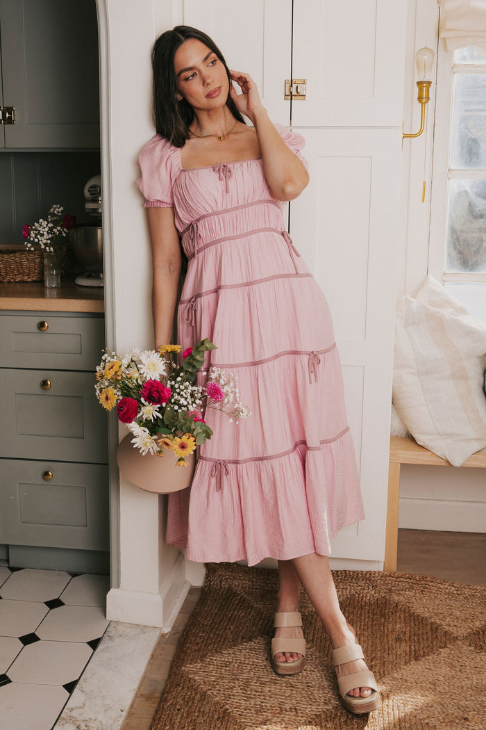 pink mauve tiered piping maxi dress lifestyle