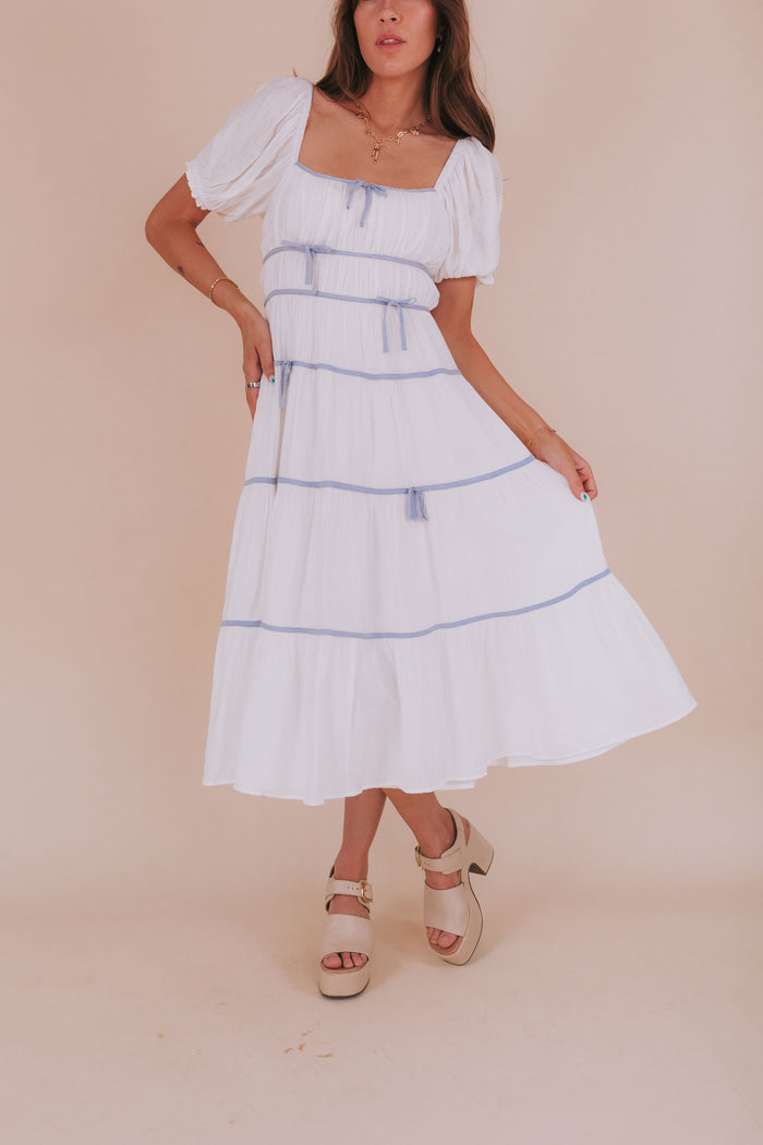 Maxi midi dress with piped details puff sleeves square neckline bow details
