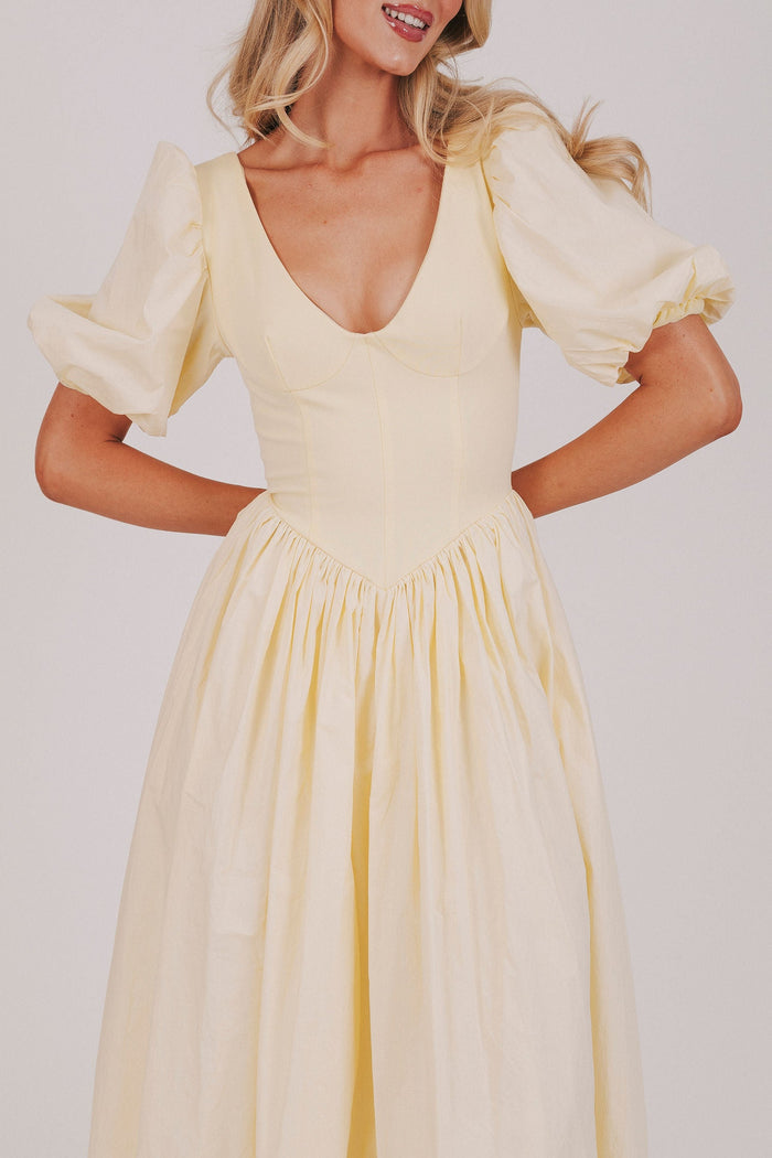 exclusive butter yellow puff sleeve maxi dress detail