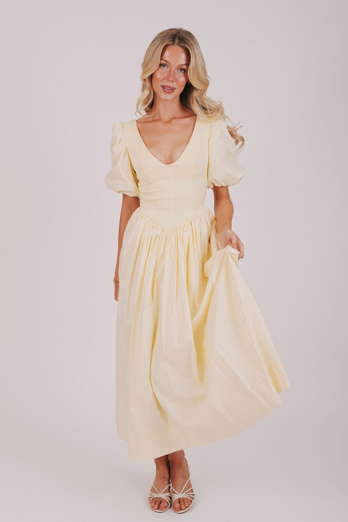 exclusive butter yellow puff sleeve maxi dress front