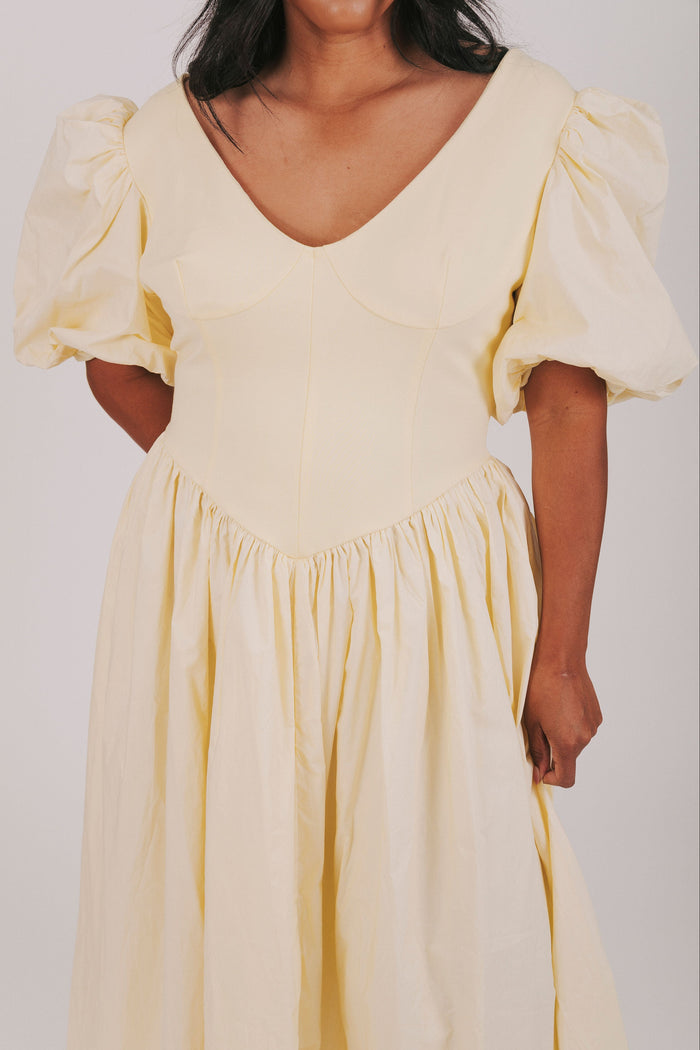 exclusive butter yellow puff sleeve maxi dress plus detail