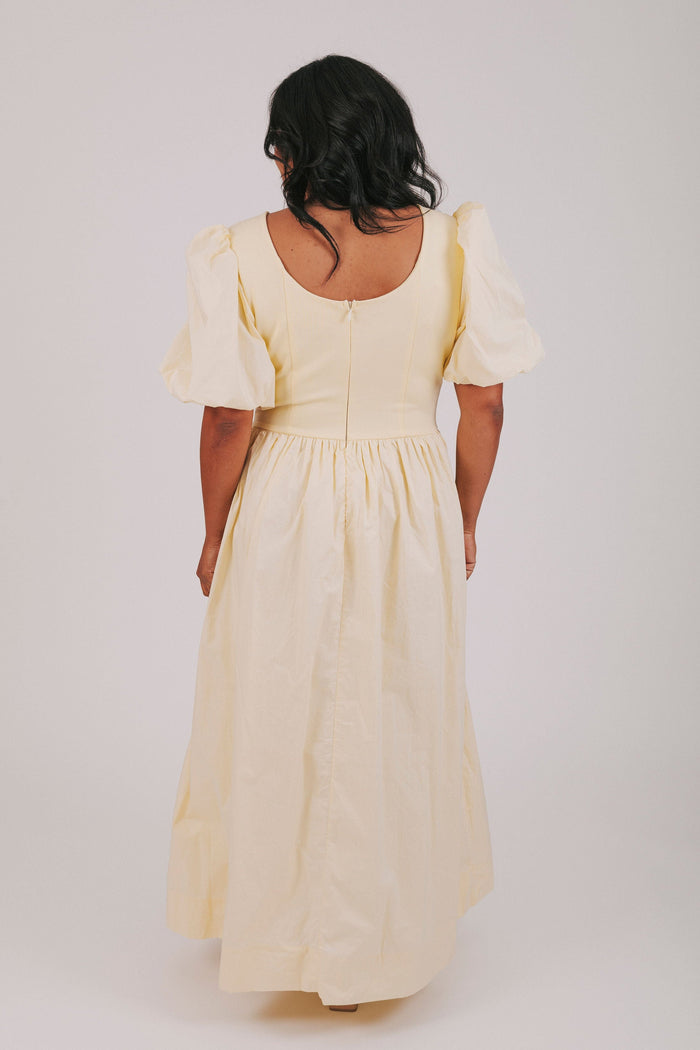 exclusive butter yellow puff sleeve maxi dress plus back