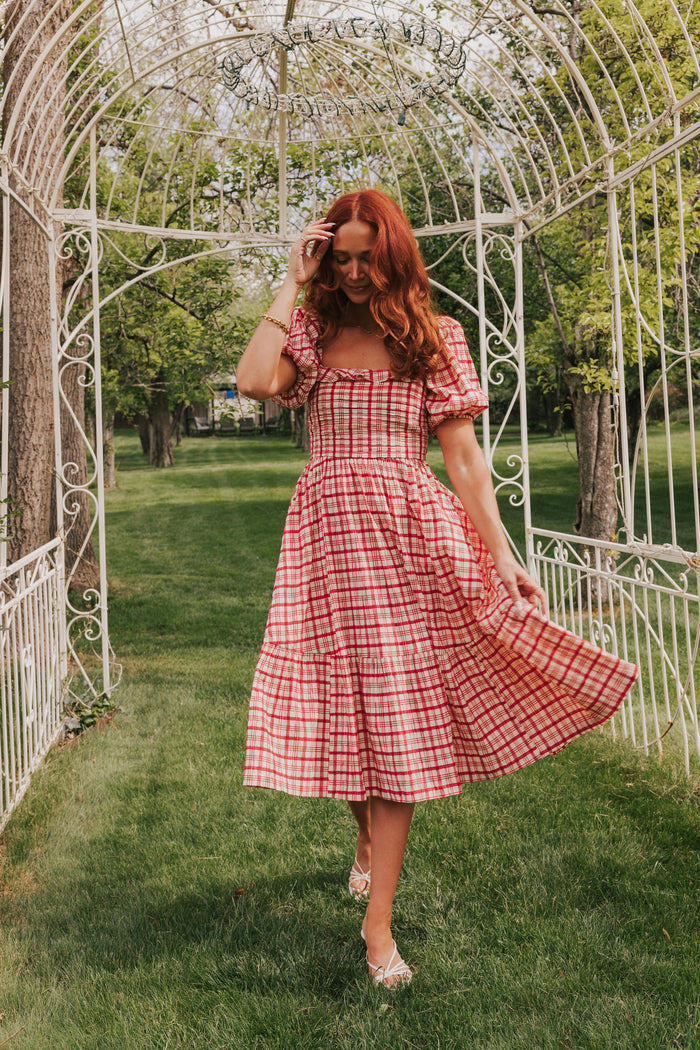 red and ivory plaid dress with puff sleeves lifestyle