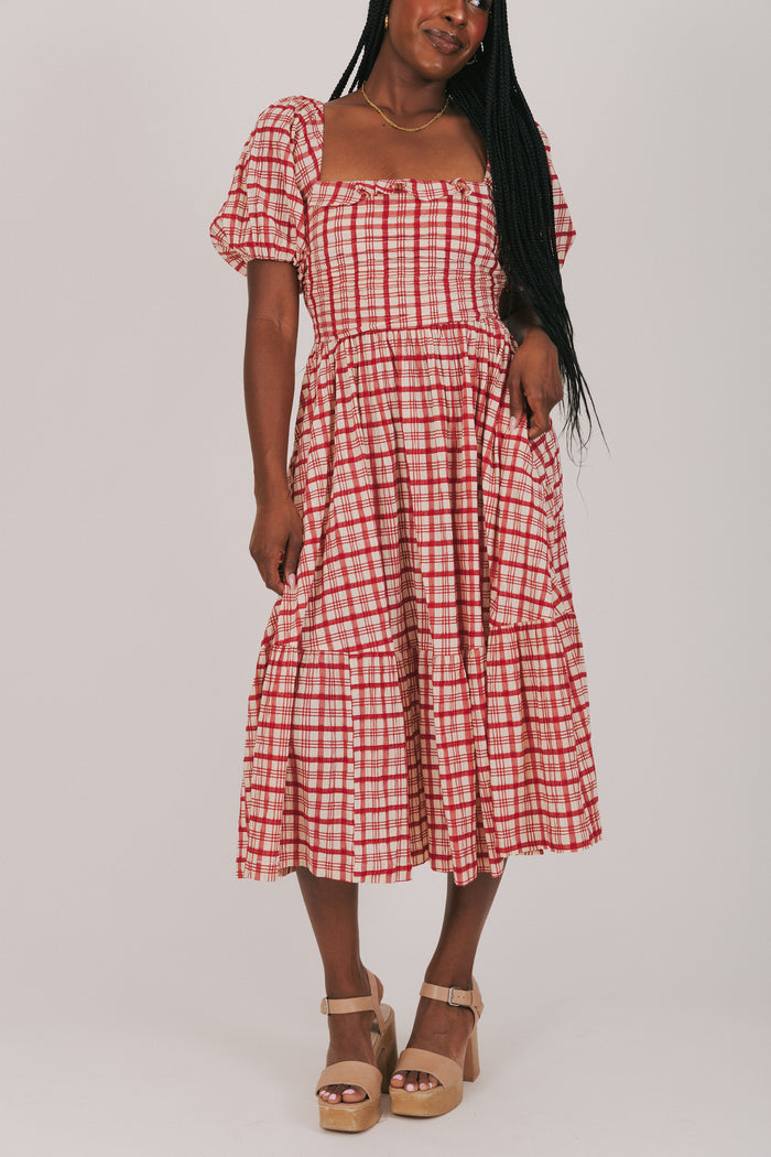 red and ivory plaid dress with puff sleeves